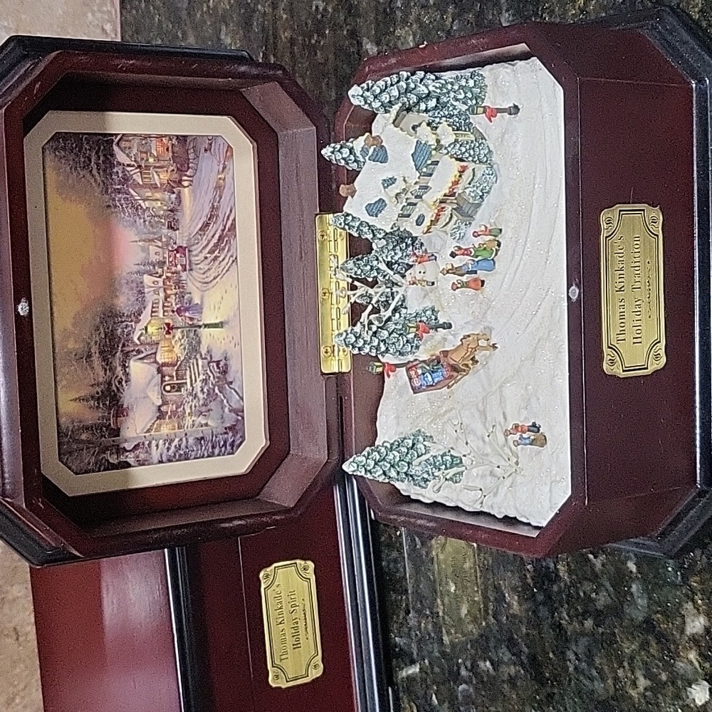 Thomas Kinkade Festive Village Music Box Cherry Wood and Gold We Wish  Christmas